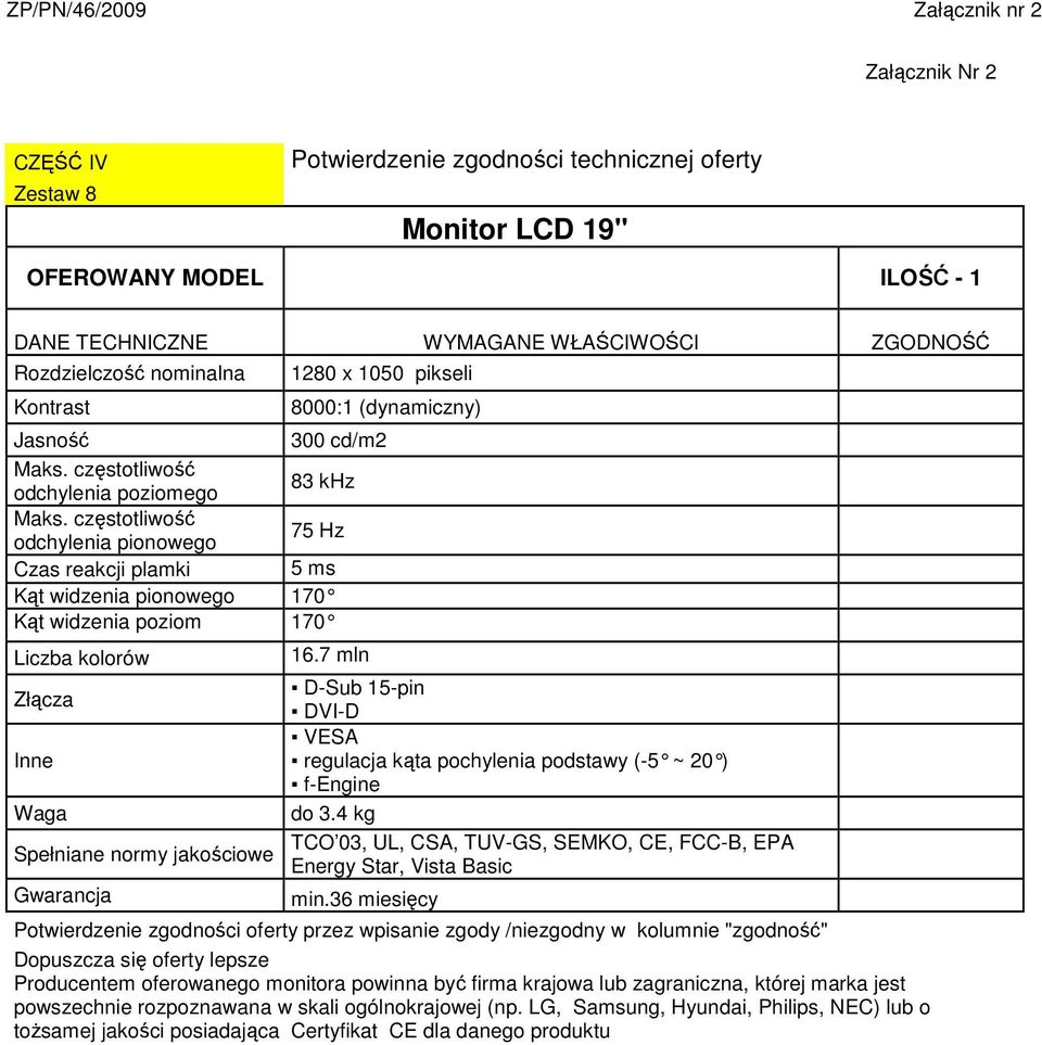 7 mln D-Sub 15-pin DVI-D VESA regulacja kąta pochylenia podstawy (-5 ~ 20 ) f-engine do 3.4 kg TCO 03, UL, CSA, TUV-GS, SEMKO, CE, FCC-B, EPA Spełniane normy jakościowe Energy Star, Vista Basic min.