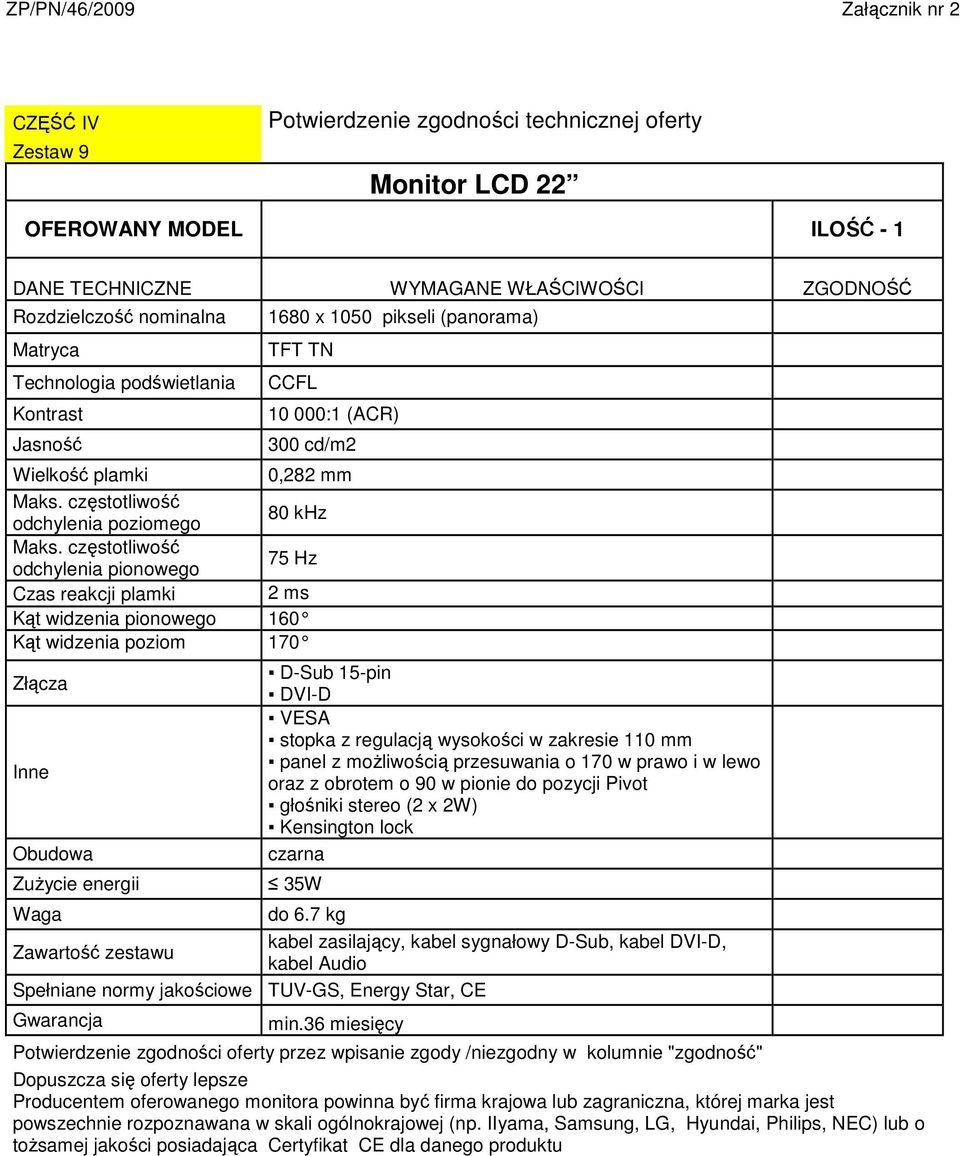 częstotliwość odchylenia pionowego 75 Hz Czas reakcji plamki 2 ms Kąt widzenia pionowego 160 Kąt widzenia poziom 170 Obudowa ZuŜycie energii D-Sub 15-pin DVI-D VESA stopka z regulacją wysokości w