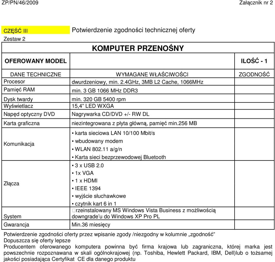 320 GB 5400 rpm 15,4 LED WXGA Nagrywarka CD/DVD +/- RW DL niezintegrowana z płyta główną, pamięć min.256 MB karta sieciowa LAN 10/100 Mbit/s wbudowany modem WLAN 802.