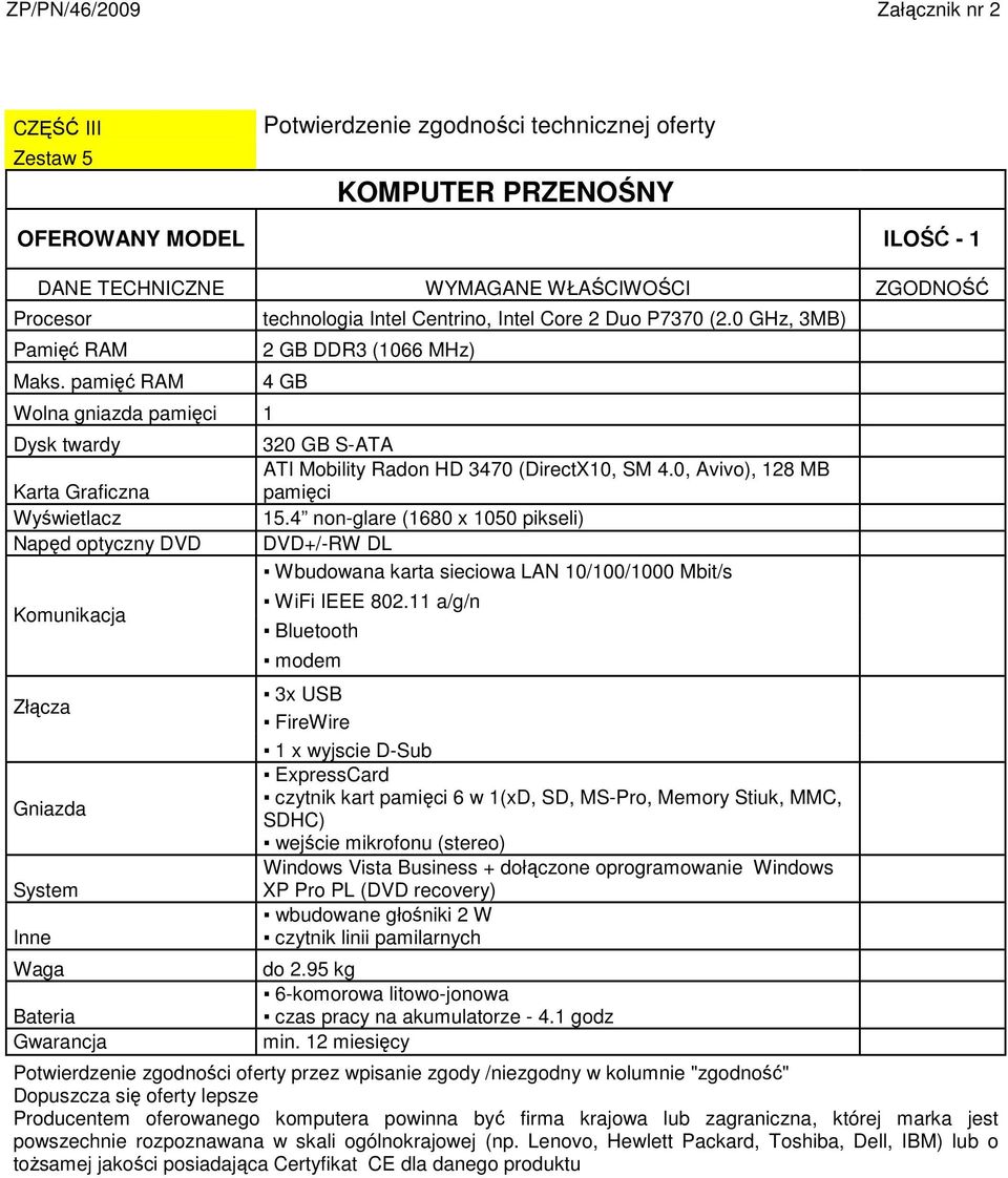 0 GHz, 3MB) 2 GB DDR3 (1066 MHz) 4 GB 320 GB S-ATA ATI Mobility Radon HD 3470 (DirectX10, SM 4.0, Avivo), 128 MB pamięci 15.