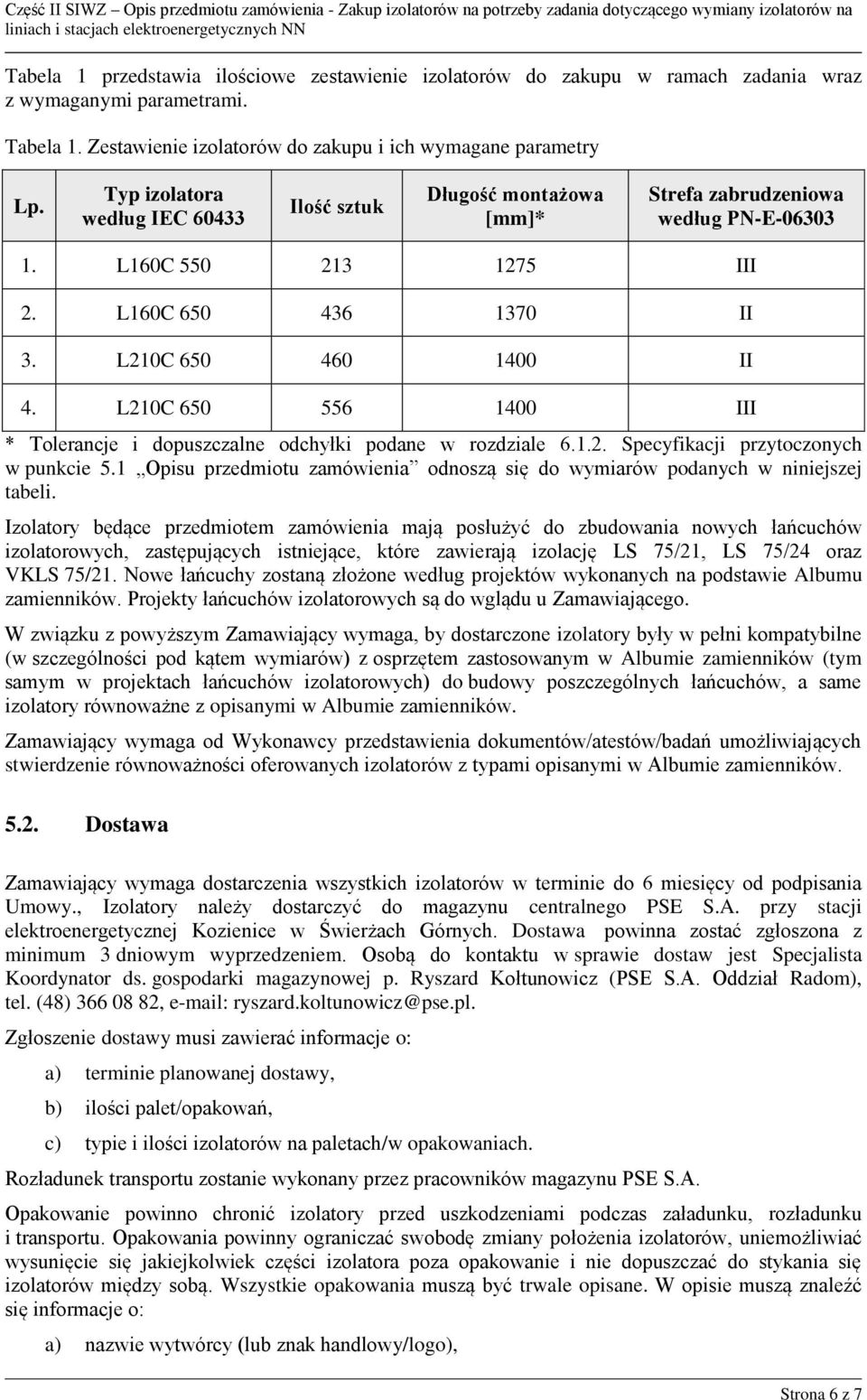 L210C 650 556 1400 III * Tolerancje i dopuszczalne odchyłki podane w rozdziale 6.1.2. Specyfikacji przytoczonych w punkcie 5.