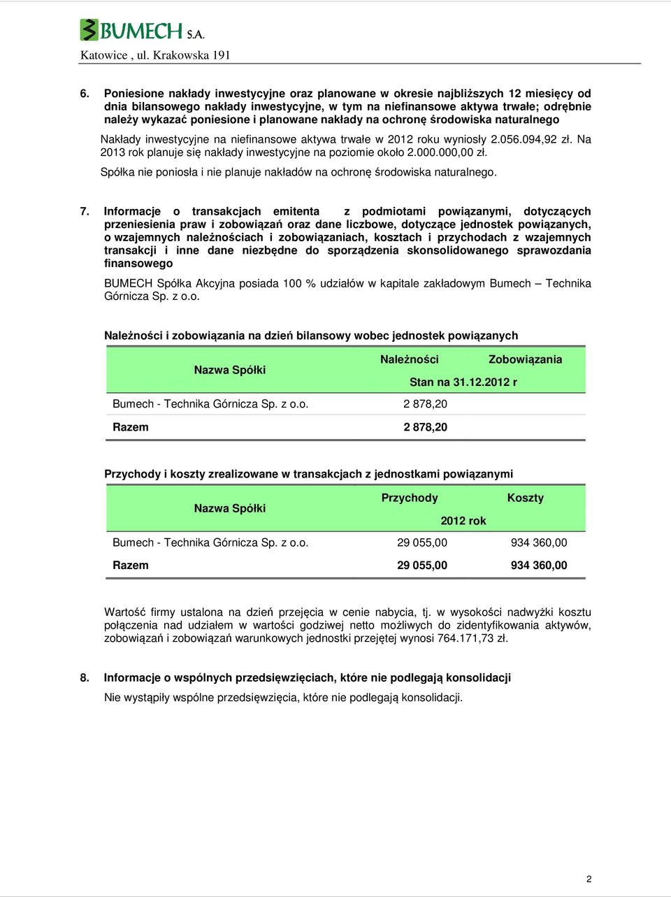 Na 2013 rok planuje się nakłady inwestycyjne na poziomie około 2.000.000,00 zł. Spółka nie poniosła i nie planuje nakładów na ochronę środowiska naturalnego. 7.