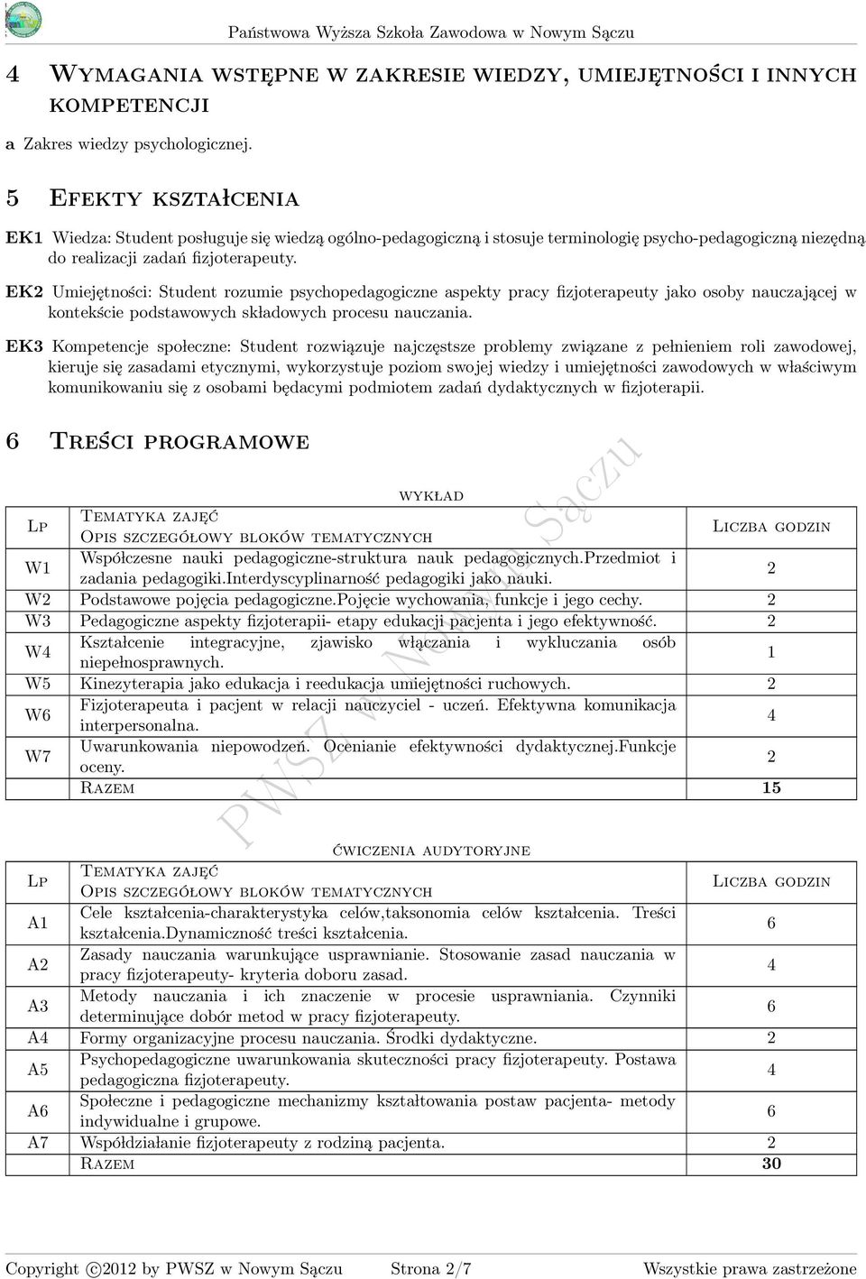 EK2 Umiejętności: Student rozumie psychopedagogiczne aspekty pracy fizjoterapeuty jako osoby nauczającej w kontekście podstawowych sk ladowych procesu nauczania.