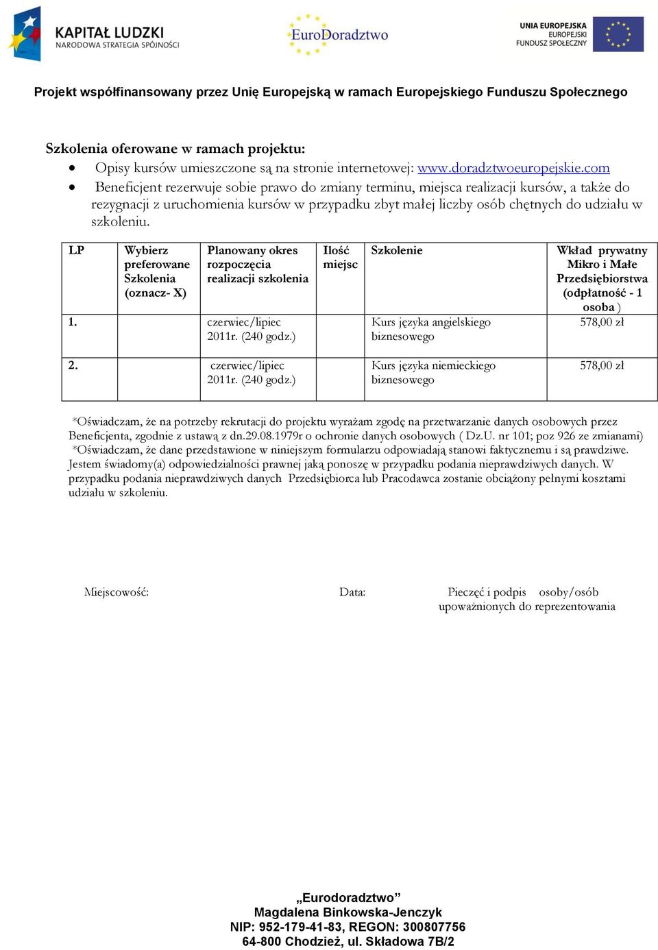 LP Wybierz preferowane Szkolenia (oznacz- X) Planowany okres rozpoczęcia realizacji szkolenia 1. czerwiec/lipiec 2011r. (240 godz.