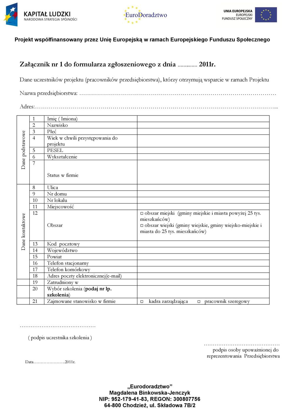 .. 1 Imię ( Imiona) 2 Nazwisko 3 Płeć 4 Wiek w chwili przystępowania do projektu 5 PESEL 6 Wykształcenie 7 Status w firmie 8 Ulica 9 Nr domu 10 Nr lokalu 11 Miejscowość 12 Obszar obszar miejski