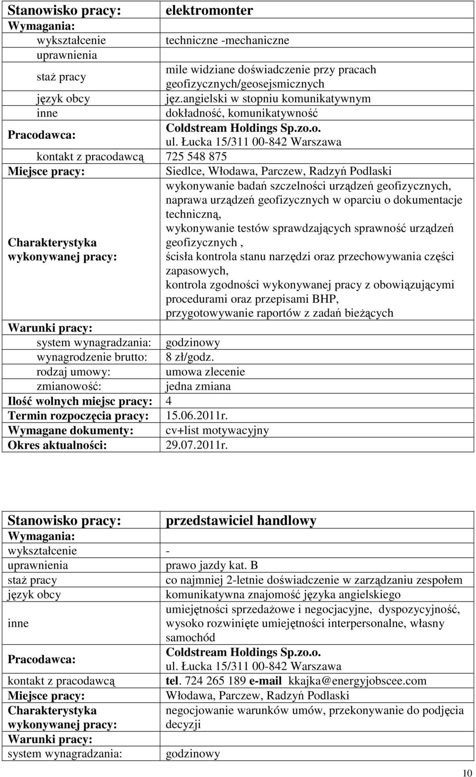 umowa zlecenie Ilość wolnych miejsc pracy: 4 Termin rozpoczęcia pracy: 15.06.2011r.