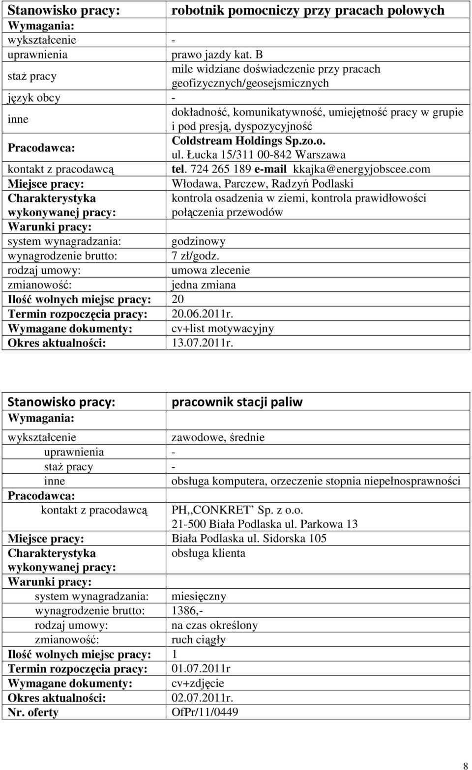 W dniu r. Powiatowy Urząd Pracy w Białej Podlaskiej posiada wolne miejsca  pracy: - PDF Free Download