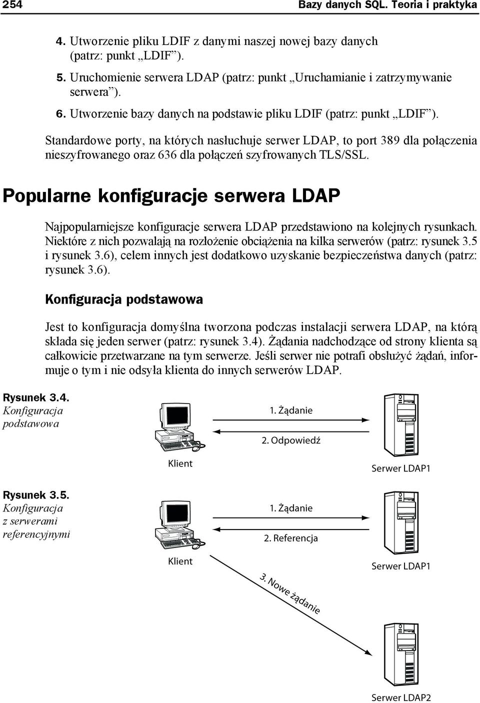 Standardowe porty, na których nasłuchuje serwer LDAP, to port 389 dla połączenia nieszyfrowanego oraz 636 dla połączeń szyfrowanych TLS/SSL. Popularne konfiguracje serwera LDAP Rysunek 3.4.