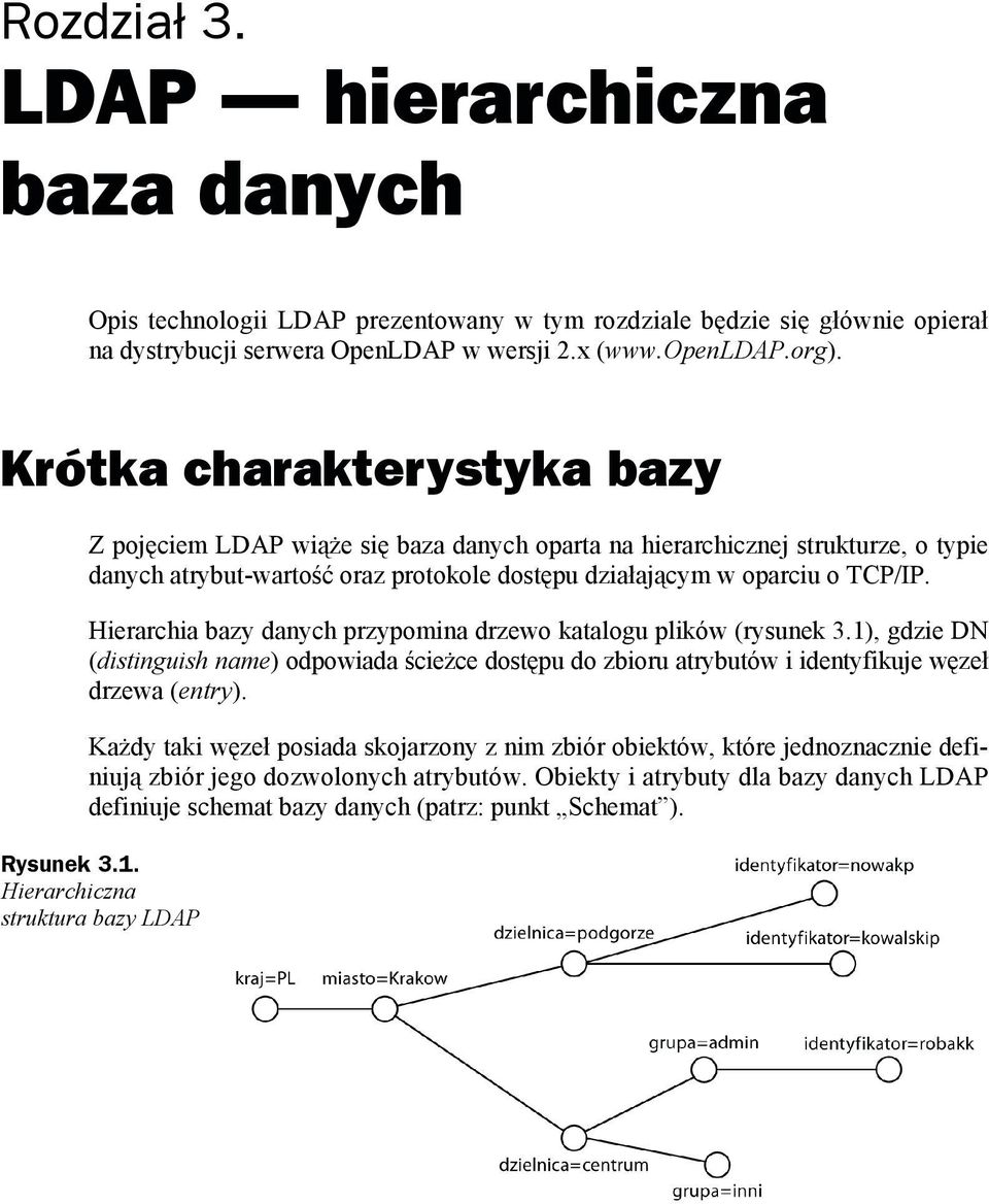Hierarchia bazy danych przypomina drzewo katalogu plików (rysunek 3.1), gdzie DN (distinguish name) odpowiada ścieżce dostępu do zbioru atrybutów i identyfikuje węzeł drzewa (entry).