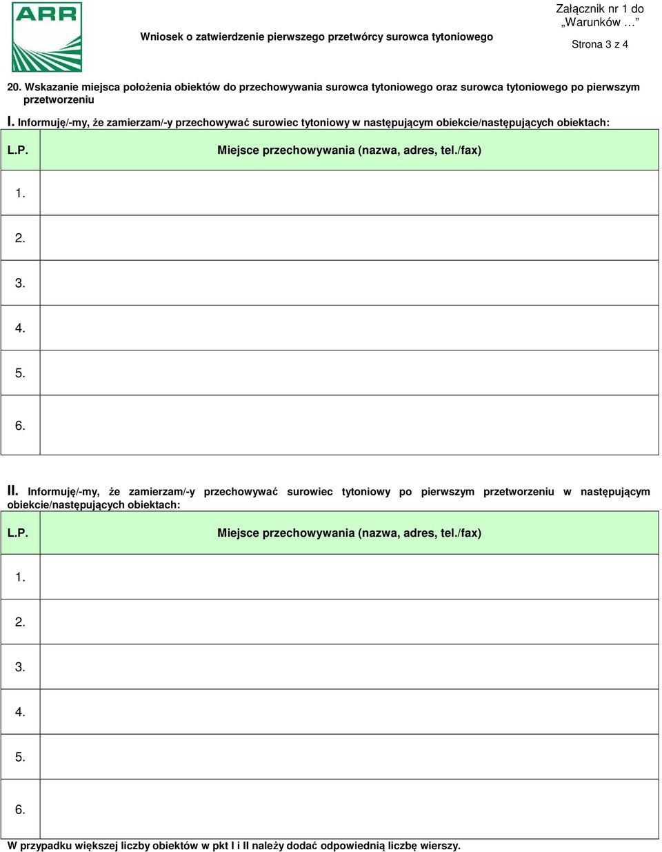 Informuję/-my, że zamierzam/-y przechowywać surowiec tytoniowy w następującym obiekcie/następujących obiektach: L.P. Miejsce przechowywania (nazwa, adres, tel./fax) 1. 2. 3. 4. 5. 6.