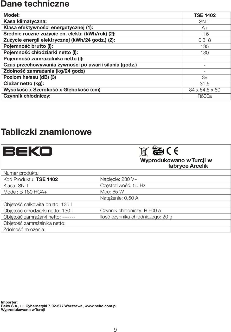 ) Zdolność zamrażania (kg/24 godz) Poziom hałasu (db) (3) Ciężar netto (kg): Wysokość x Szerokość x Głębokość (cm) Czynnik chłodniczy: TSE 1402 SN-T A+ 116 0,318 135 130 - - - 39 31,5 84 x 54,5 x 60