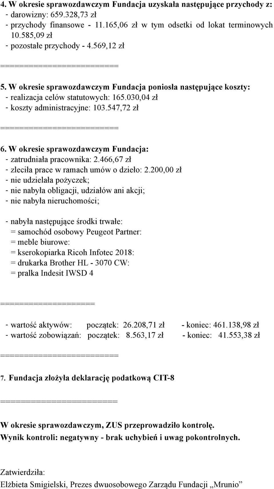 W okresie sprawozdawczym Fundacja: - zatrudniała pracownika: 2.466,67 zł - zleciła prace w ramach umów o dzieło: 2.