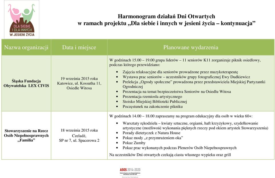 00 grupa liderów 11 seniorów K11 zorganizuje piknik osiedlowy, podczas którego przewidziano: Zajęcia relaksacyjne dla seniorów prowadzone przez muzykoterapeutę Wystawa prac seniorów uczestników grupy