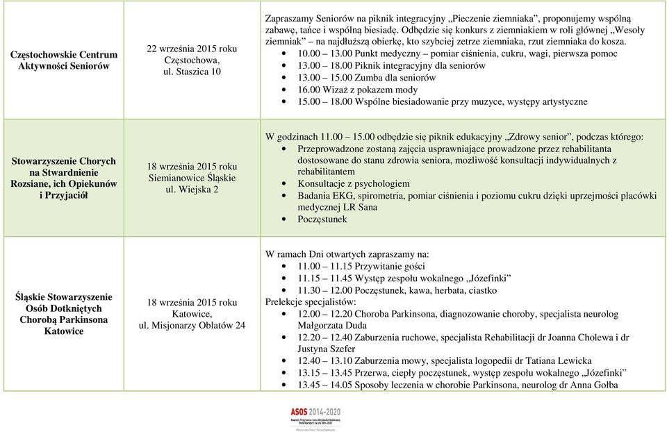 00 Punkt medyczny pomiar ciśnienia, cukru, wagi, pierwsza pomoc 13.00 18.