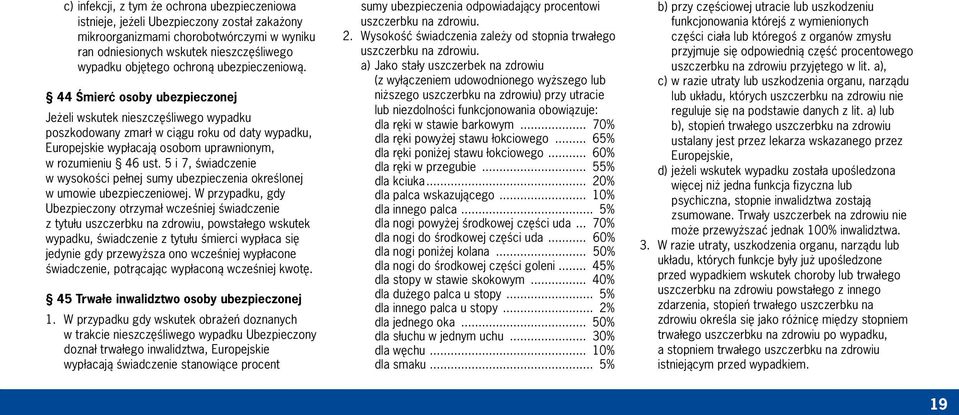 44 Śmierć osoby ubezpieczonej Jeżeli wskutek nieszczęśliwego wypadku poszkodowany zmarł w ciągu roku od daty wypadku, Europejskie wypłacają osobom uprawnionym, w rozumieniu 46 ust.