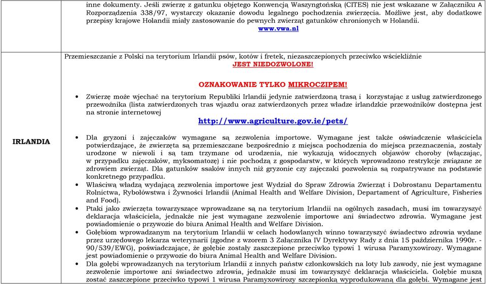 nl Przemieszczanie z Polski na terytorium Irlandii psów, kotów i fretek, niezaszczepionych przeciwko wściekliźnie JEST NIEDOZWOLONE! OZNAKOWANIE TYLKO MIKROCZIPEM!