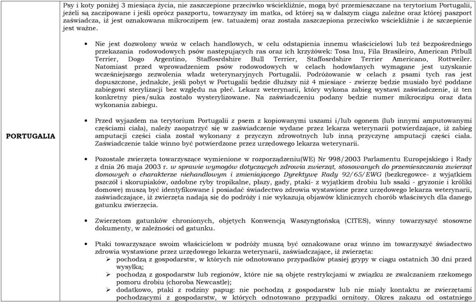 Nie jest dozwolony wwóz w celach handlowych, w celu odstąpienia innemu właścicielowi lub też bezpośredniego przekazania rodowodowych psów następujących ras oraz ich krzyżówek: Tosa Inu, Fila