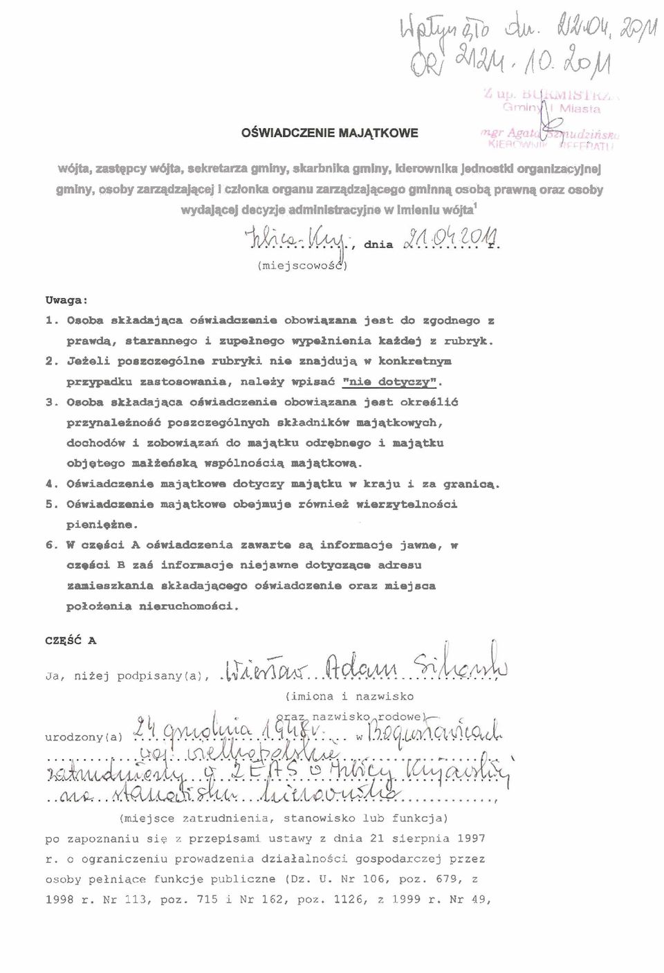 decyzje admlnistracyjne w lmleniu w6jta1 1. Oaoba skkadajqca ~Lwiadczonie obowiqzana jest do zgodnego z prawk, starannego i zupaknego wypoknienia katdej z rubryk. 2.