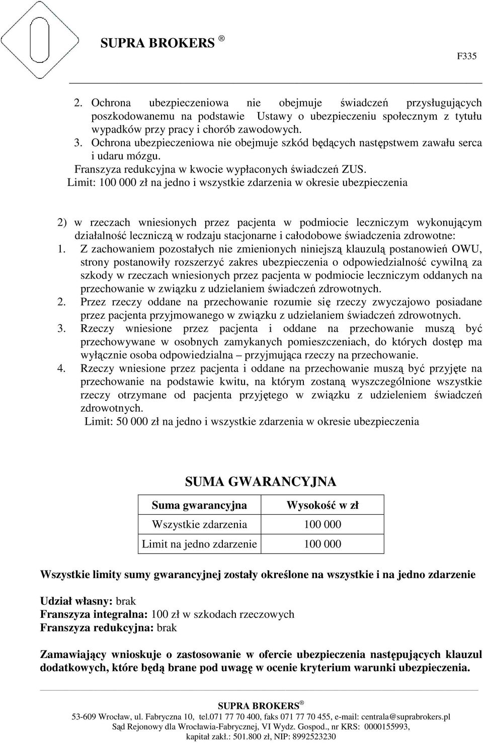 Limit: 100 000 zł na jedno i wszystkie zdarzenia w okresie ubezpieczenia 2) w rzeczach wniesionych przez pacjenta w podmiocie leczniczym wykonującym działalność leczniczą w rodzaju stacjonarne i