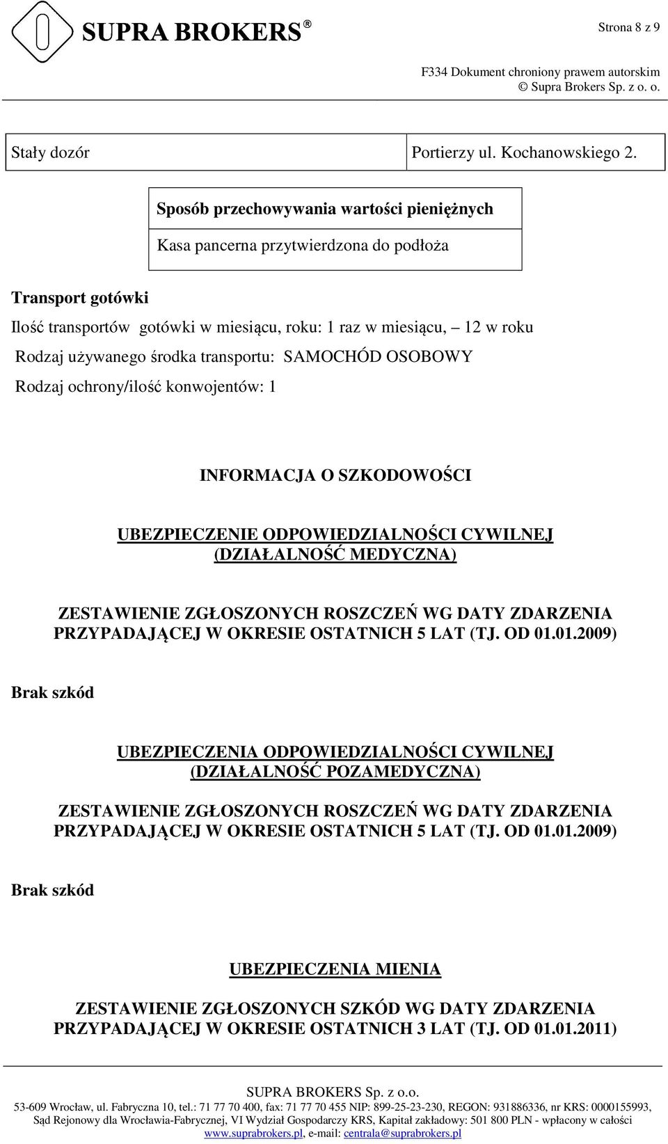 transportu: SAMOCHÓD OSOBOWY Rodzaj ochrony/ilość konwojentów: 1 INFORMACJA O SZKODOWOŚCI UBEZPIECZENIE ODPOWIEDZIALNOŚCI CYWILNEJ (DZIAŁALNOŚĆ MEDYCZNA) ZESTAWIENIE ZGŁOSZONYCH ROSZCZEŃ WG DATY