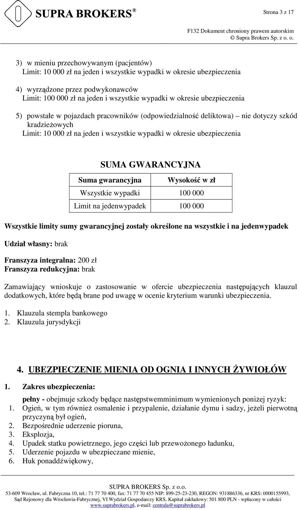 SUMA GWARANCYJNA Suma gwarancyjna Wysokość w zł Wszystkie wypadki 100 000 Limit na jedenwypadek 100 000 Wszystkie limity sumy gwarancyjnej zostały określone na wszystkie i na jedenwypadek Udział