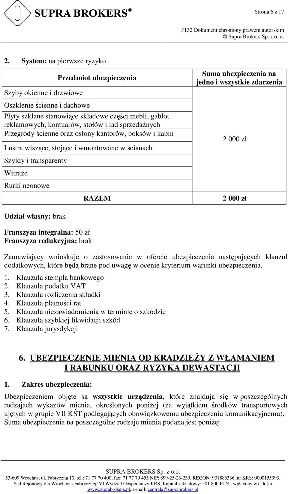 sprzedażnych Przegrody ścienne oraz osłony kantorów, boksów i kabin Lustra wiszące, stojące i wmontowane w ścianach Suma ubezpieczenia na jedno i wszystkie zdarzenia 2 000 zł Szyldy i transparenty