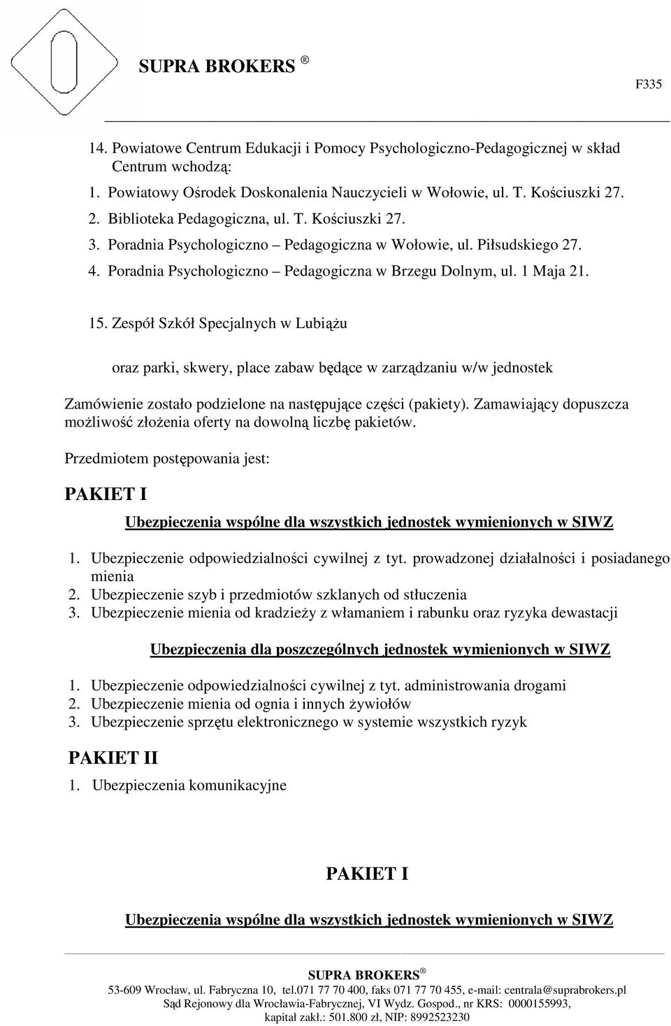 Zespół Szkół Specjalnych w Lubiążu oraz parki, skwery, place zabaw będące w zarządzaniu w/w jednostek Zamówienie zostało podzielone na następujące części (pakiety).