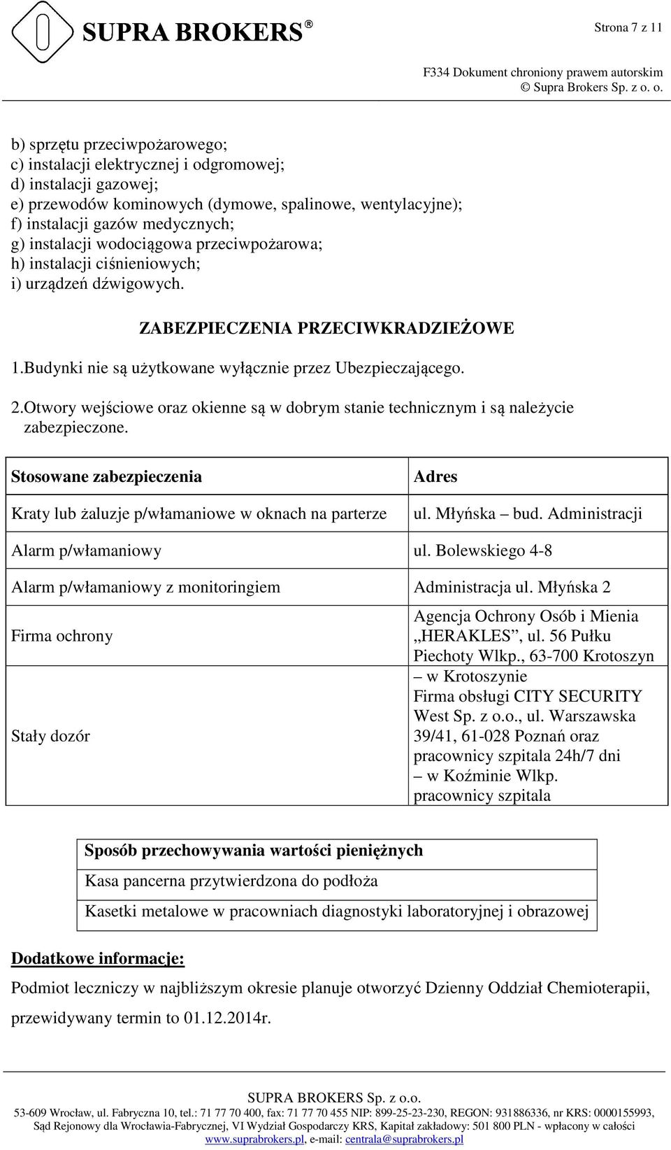 Otwory wejściowe oraz okienne są w dobrym stanie technicznym i są należycie zabezpieczone. Stosowane zabezpieczenia Kraty lub żaluzje p/włamaniowe w oknach na parterze Adres ul. Młyńska bud.