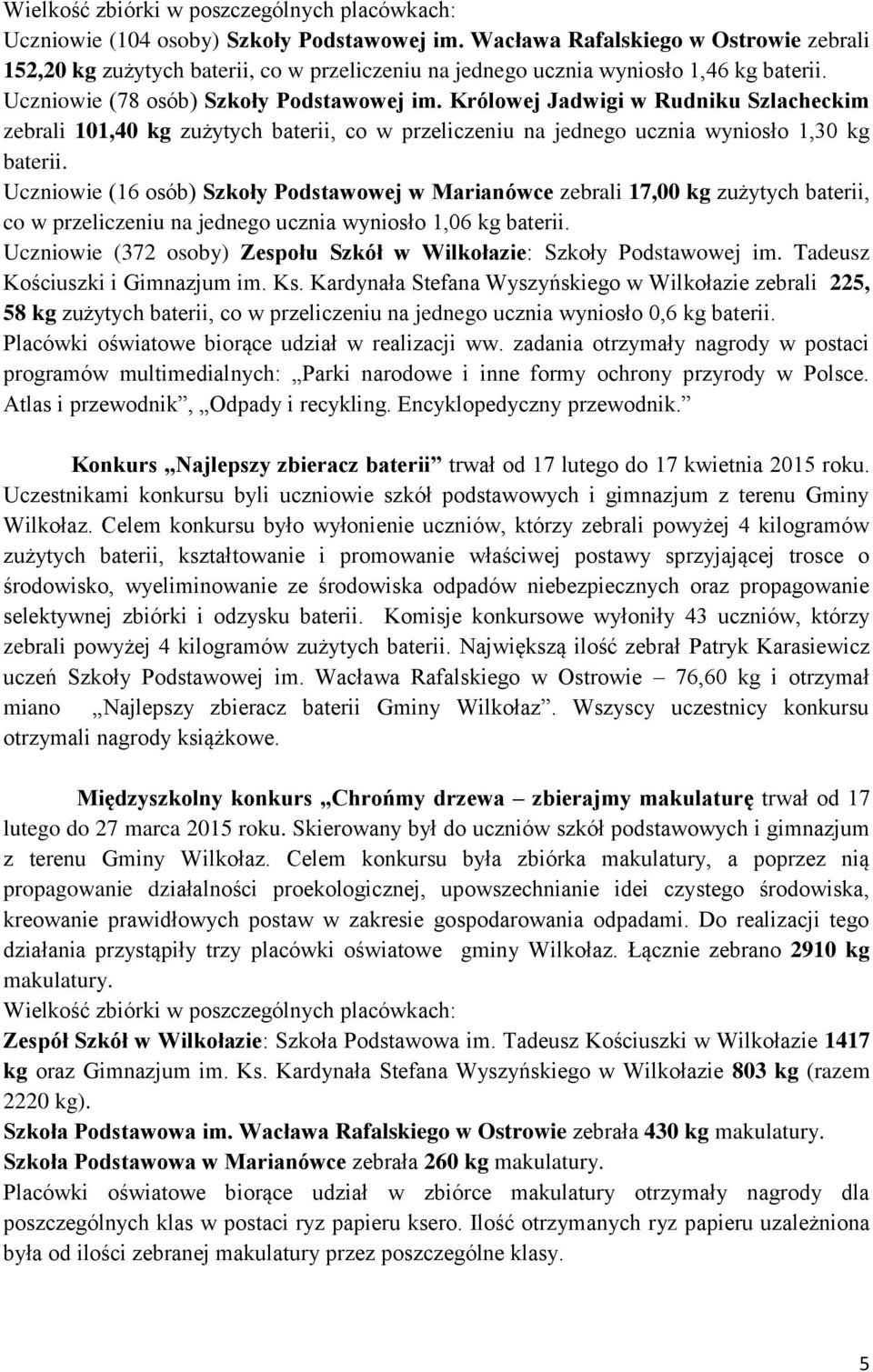 Królowej Jadwigi w Rudniku Szlacheckim zebrali 101,40 kg zużytych baterii, co w przeliczeniu na jednego ucznia wyniosło 1,30 kg baterii.