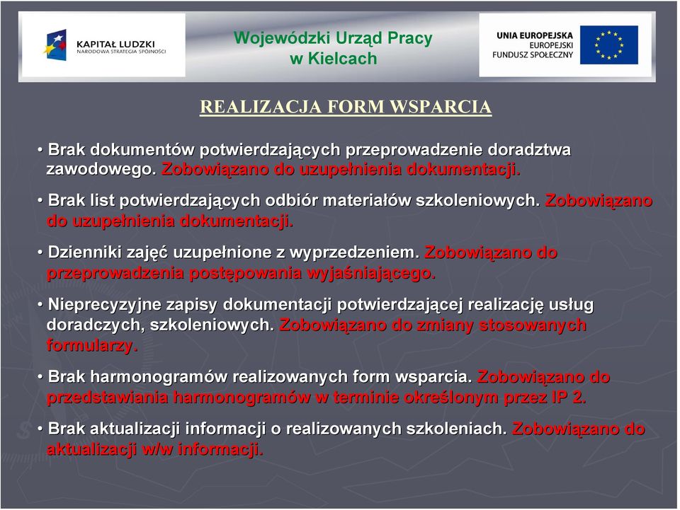 Zobowiązano do przeprowadzenia postępowania powania wyjaśniaj niającego. Nieprecyzyjne zapisy dokumentacji potwierdzającej realizację usług ug doradczych, szkoleniowych.