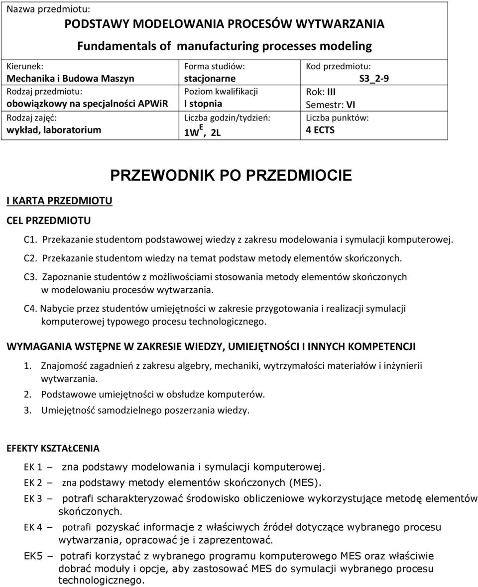 PRZEDMIOTU CEL PRZEDMIOTU PRZEWODNIK PO PRZEDMIOCIE C1. Przekazanie studentom podstawowej wiedzy z zakresu C. Przekazanie studentom wiedzy na temat podstaw metody C3.