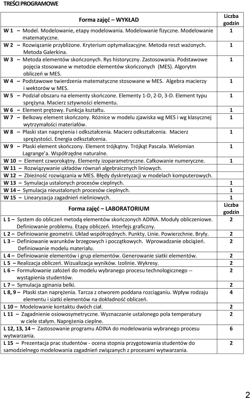 W 4 Podstawowe twierdzenia matematyczne stosowane w MES. Algebra macierzy 1 i wektorów w MES. W 5 Podział obszaru na elementy skończone. Elementy 1-D, -D, 3-D. Element typu 1 sprężyna.