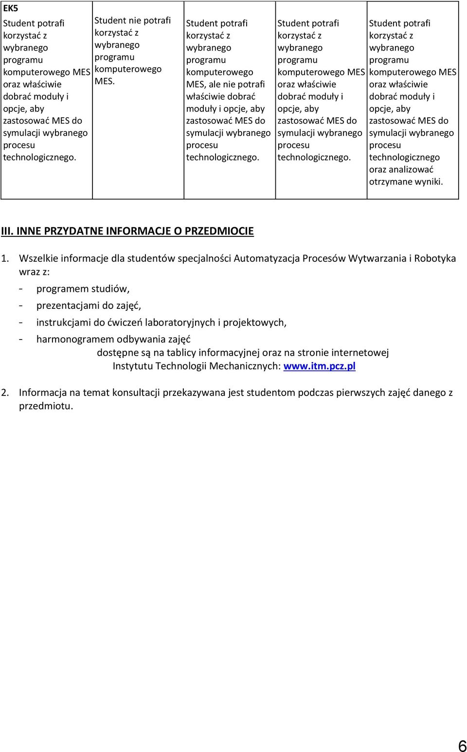 technologicznego oraz analizować otrzymane wyniki. III. INNE PRZYDATNE INFORMACJE O PRZEDMIOCIE 1.