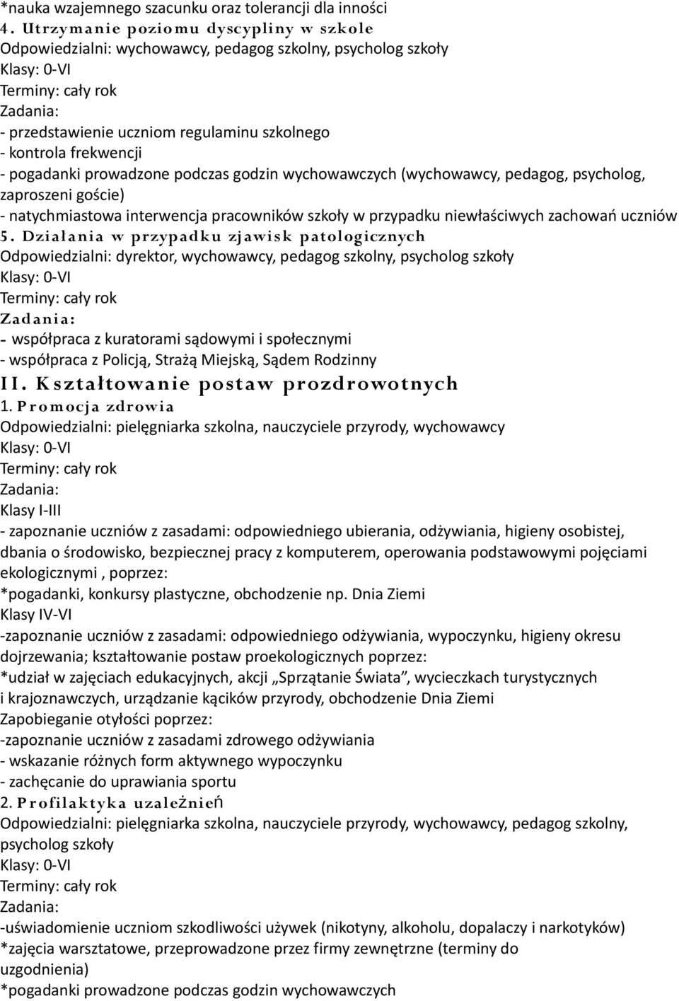 godzin wychowawczych (wychowawcy, pedagog, psycholog, zaproszeni goście) - natychmiastowa interwencja pracowników szkoły w przypadku niewłaściwych zachowań uczniów 5.