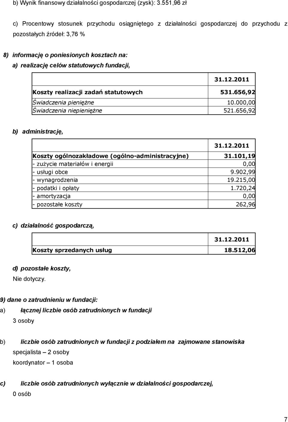 fundacji, Koszty realizacji zadań statutowych 531.656,92 Świadczenia pieniężne 10.000,00 Świadczenia niepieniężne 521.656,92 b) administrację, Koszty ogólnozakładowe (ogólno-administracyjne) 31.
