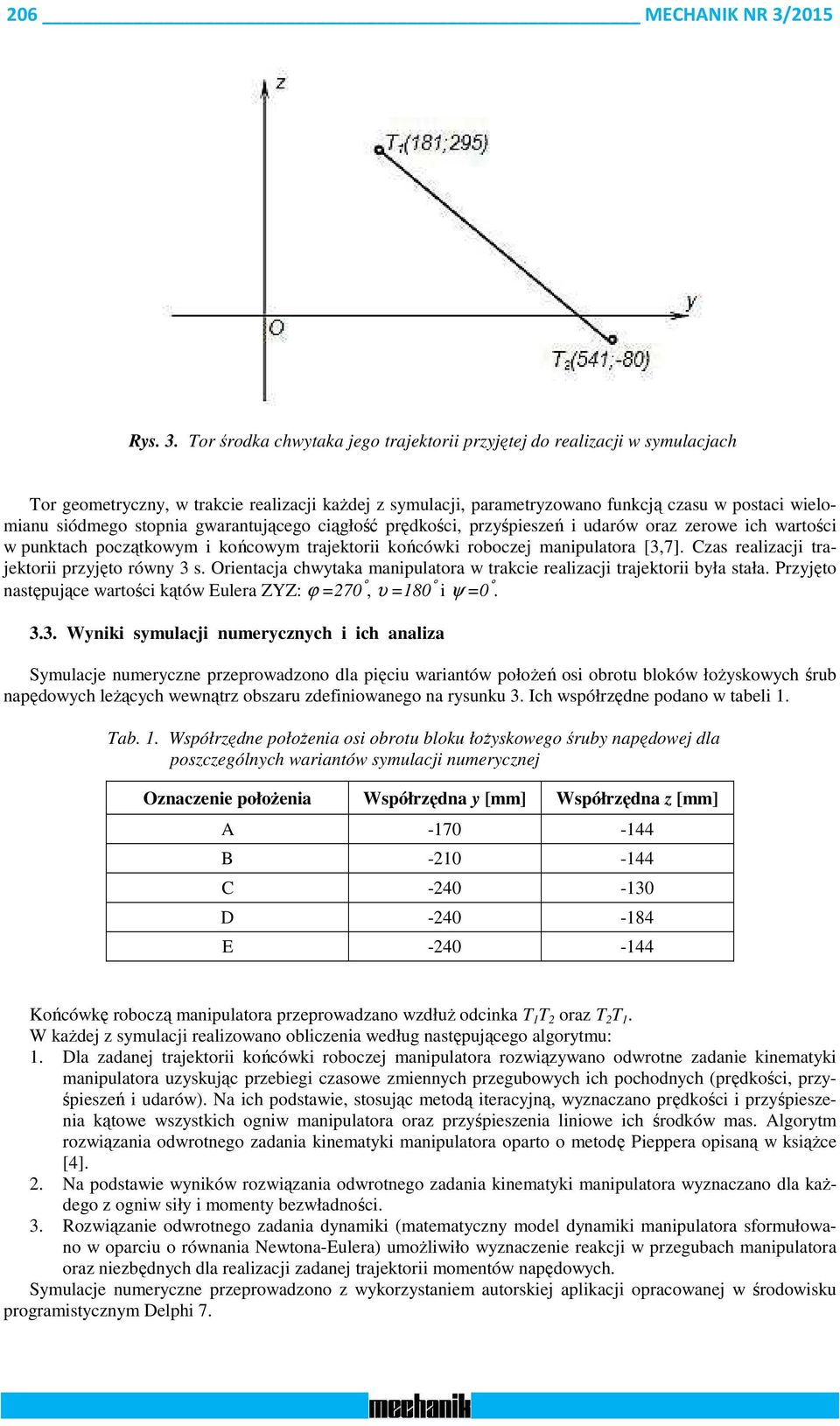 Tor środka chwytaka jego trajektorii przyjętej do realizacji w symulacjach Tor geometryczny, w trakcie realizacji każdej z symulacji, parametryzowano funkcją czasu w postaci wielomianu siódmego