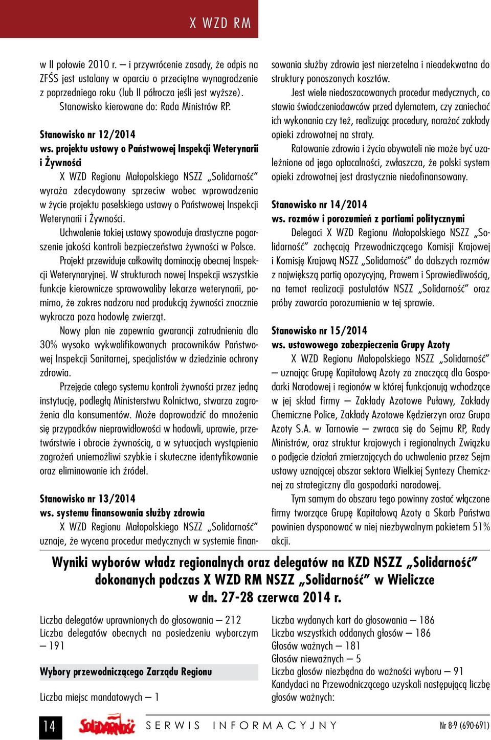 projektu ustawy o Państwowej Inspekcji Weterynarii i Żywności X WZD Regionu Małopolskiego NSZZ Solidarność wyraża zdecydowany sprzeciw wobec wprowadzenia w życie projektu poselskiego ustawy o