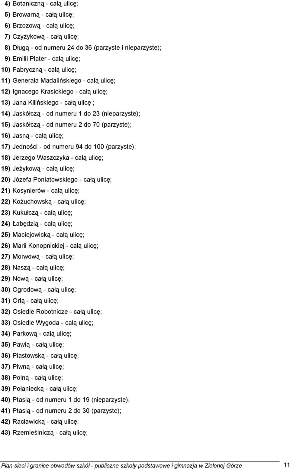 Jaskółczą - od numeru 2 do 70 (parzyste); 16) Jasną - całą ulicę; 17) Jedności - od numeru 94 do 100 (parzyste); 18) Jerzego Waszczyka - całą ulicę; 19) Jeżykową - całą ulicę; 20) Józefa