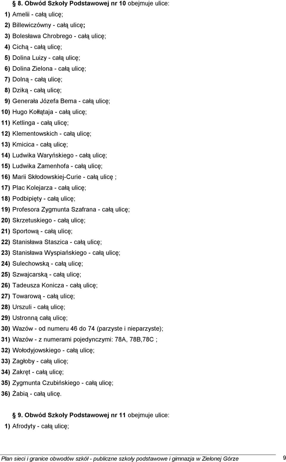 ulicę; 13) Kmicica - całą ulicę; 14) Ludwika Waryńskiego - całą ulicę; 15) Ludwika Zamenhofa - całą ulicę; 16) Marii Skłodowskiej-Curie - całą ulicę ; 17) Plac Kolejarza - całą ulicę; 18) Podbipięty