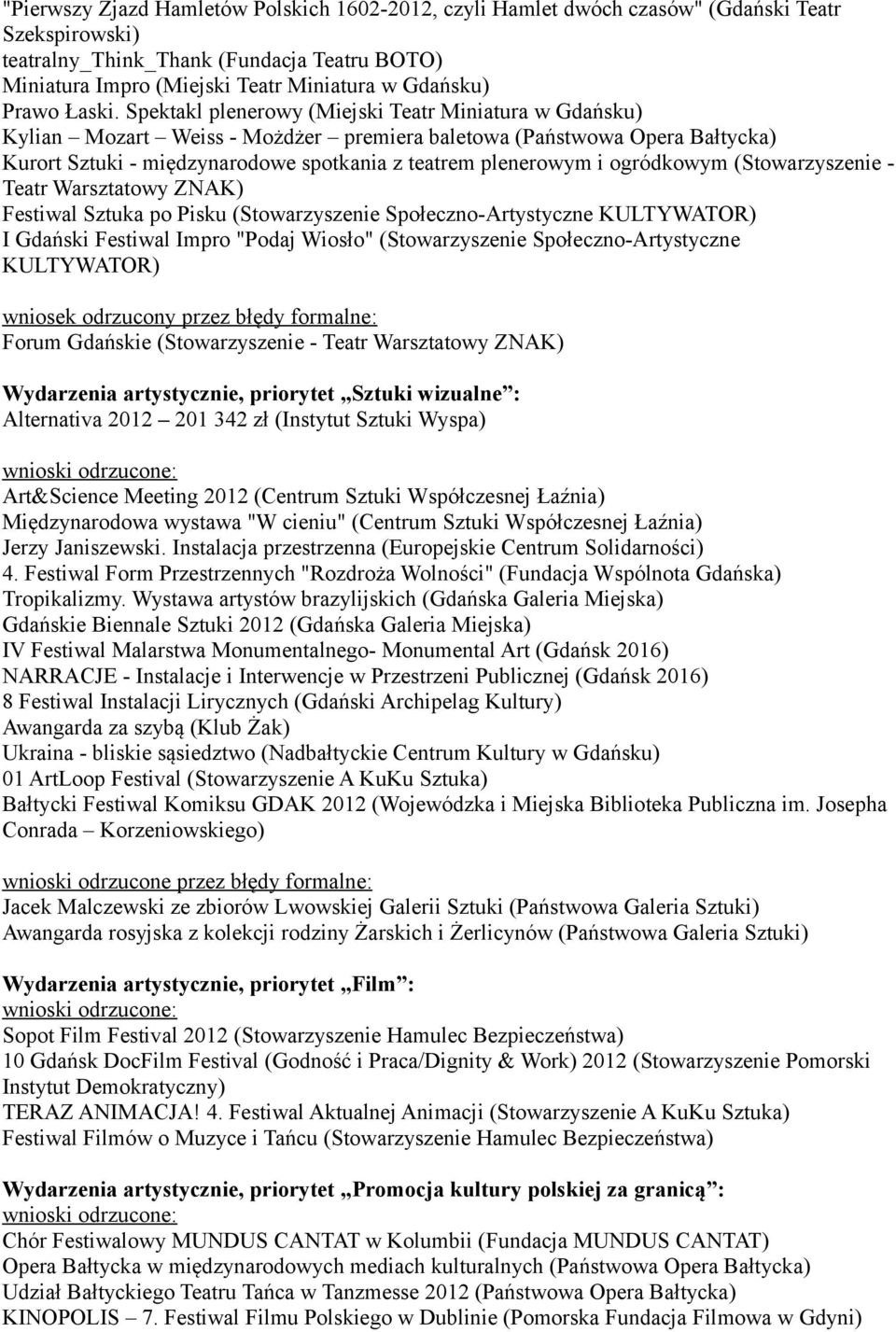 Spektakl plenerowy (Miejski Teatr Miniatura w Gdańsku) Kylian Mozart Weiss - Możdżer premiera baletowa (Państwowa Opera Bałtycka) Kurort Sztuki - międzynarodowe spotkania z teatrem plenerowym i