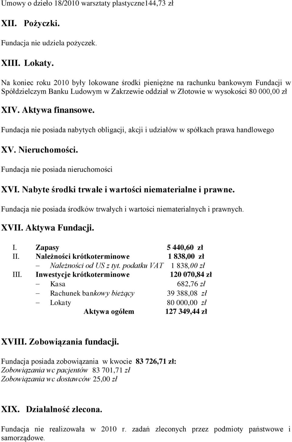 Fundacja nie posiada nabytych obligacji, akcji i udziałów w spółkach prawa handlowego XV. Nieruchomości. Fundacja nie posiada nieruchomości XVI. Nabyte środki trwałe i wartości niematerialne i prawne.