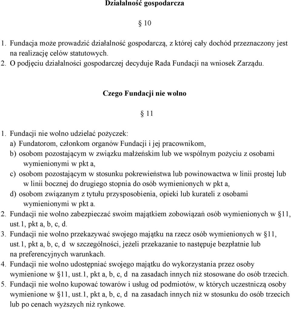 Fundacji nie wolno udzielać pożyczek: a) Fundatorom, członkom organów Fundacji i jej pracownikom, b) osobom pozostającym w związku małżeńskim lub we wspólnym pożyciu z osobami wymienionymi w pkt a,