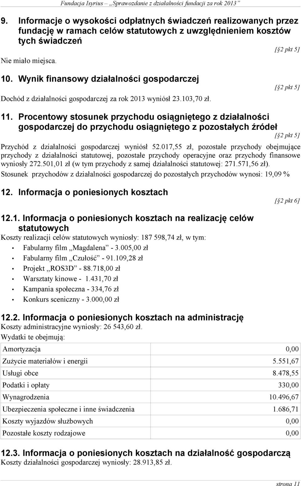 Procentowy stosunek przychodu osiągniętego z działalności gospodarczej do przychodu osiągniętego z pozostałych źródeł [ 2 pkt 5] Przychód z działalności gospodarczej wyniósł 52.