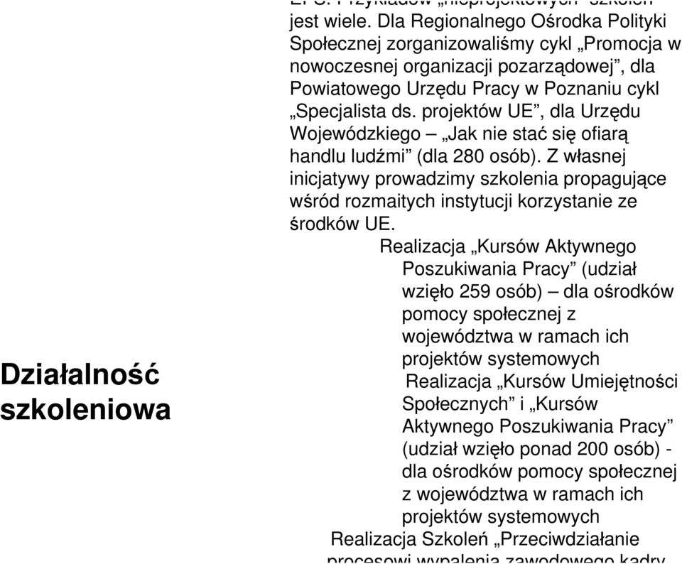 projektów UE, dla Urzędu Wojewódzkiego Jak nie stać się ofiarą handlu ludźmi (dla 280 osób).