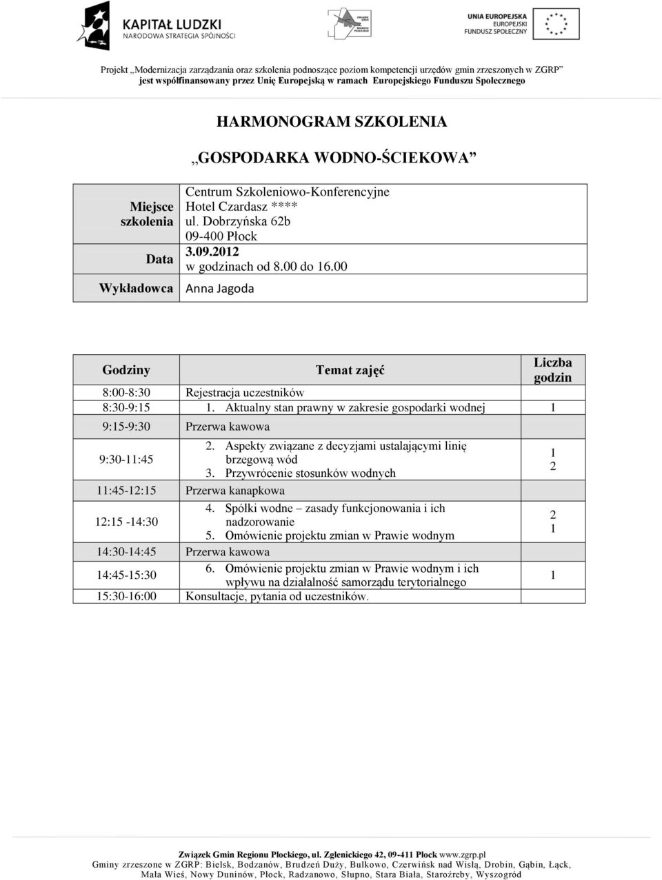 Przywrócenie stosunków wodnych :45-:5 Przerwa kanapkowa 4. Spółki wodne zasady funkcjonowania i ich :5-4:0 nadzorowanie 5.