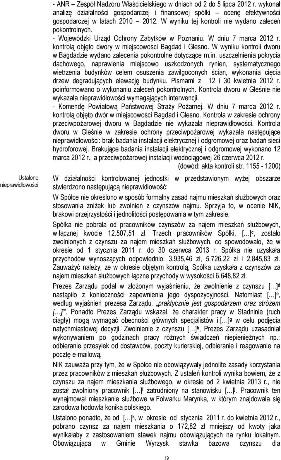 - Wojewódzki Urząd Ochrony Zabytków w Poznaniu. W dniu 7 marca 2012 r. kontrolą objęto dwory w miejscowości Bagdad i Glesno.