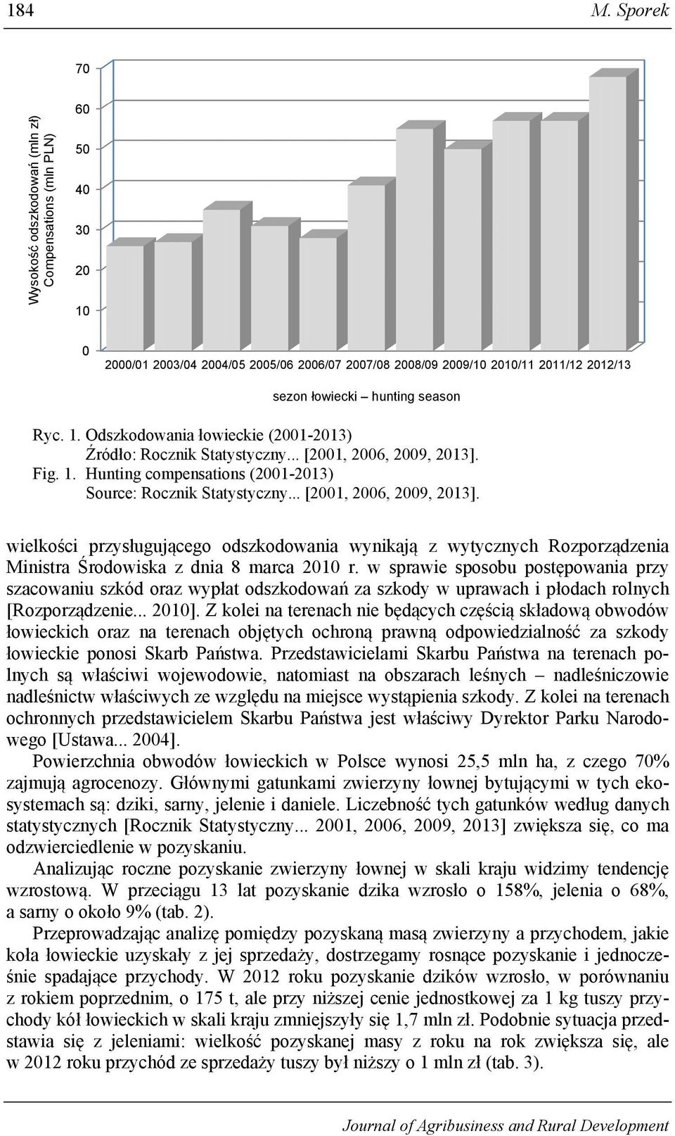 season Ryc. 1. Odszkodowania łowieckie (2001-2013) Źródło: Rocznik Statystyczny... [2001, 2006, 2009, 2013]. Fig. 1. Hunting compensations (2001-2013) Source: Rocznik Statystyczny.