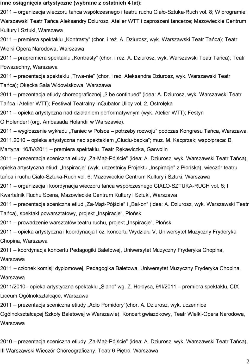 Warszawski Teatr Tańca); Teatr Wielki-Opera Narodowa, 2011 prapremiera spektaklu Kontrasty (chor. i reż. A. Dziurosz, wyk.