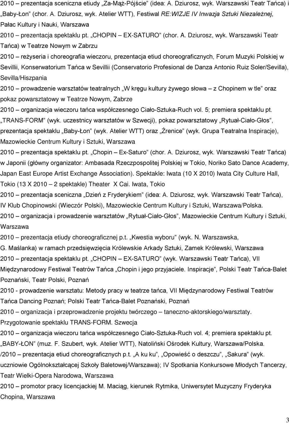 Warszawski Teatr Tańca) w Teatrze Nowym w Zabrzu 2010 reżyseria i choreografia wieczoru, prezentacja etiud choreograficznych, Forum Muzyki Polskiej w Sevillii, Konserwatorium Tańca w Sevillii