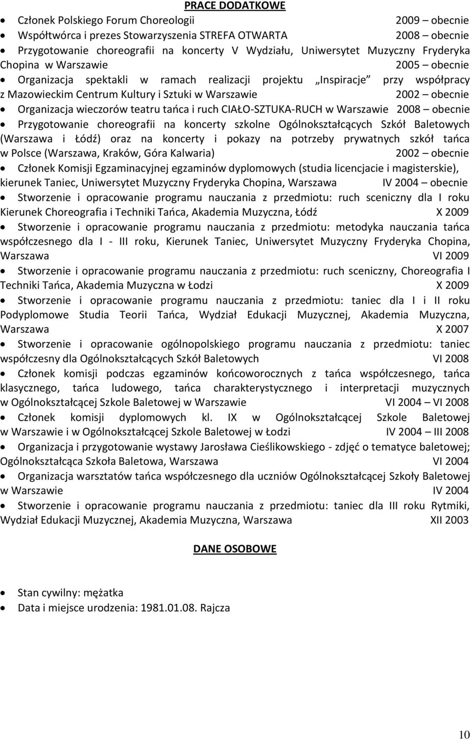 Organizacja wieczorów teatru taoca i ruch CIAŁO-SZTUKA-RUCH w Warszawie 2008 obecnie Przygotowanie choreografii na koncerty szkolne Ogólnokształcących Szkół Baletowych (Warszawa i Łódź) oraz na